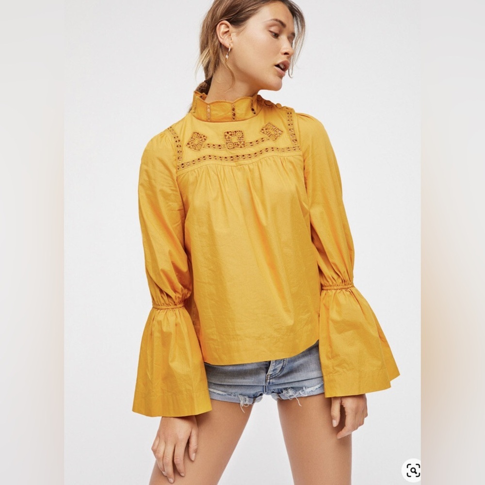 Free People XS Mustard Another‎ Eternity Top Embroidered Bell Sleeve Blouse Top